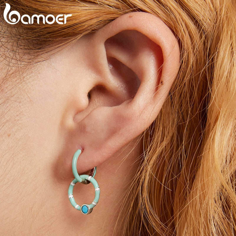 Conjunto de Brincos de Anéis duplos e Anel Turquesa em Prata esterlina