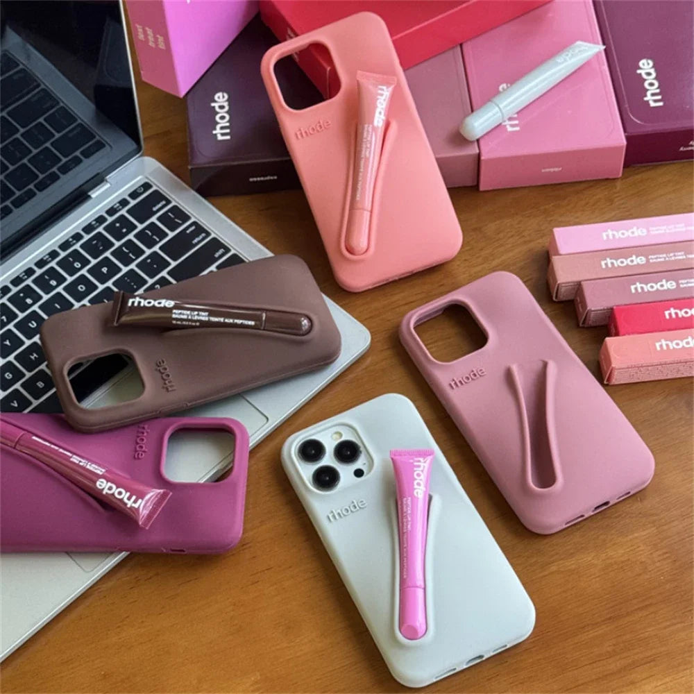 Capa de iPhone Lip Holder com Lip Gloss- Cinza
