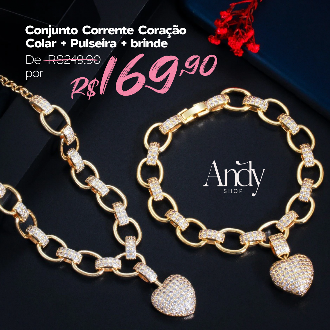 Conjunto Corrente Coração Zircônia Dourado (Colar e Pulseira)+ Brinde