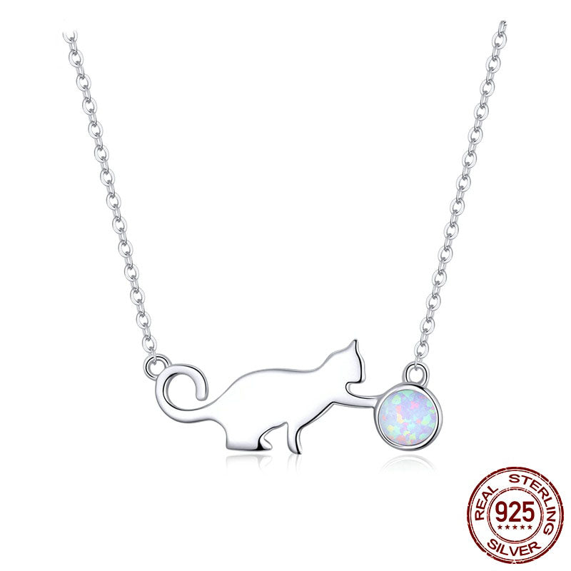 Colar e Pulseira Gato e Bola de Opala todo em Prata 925