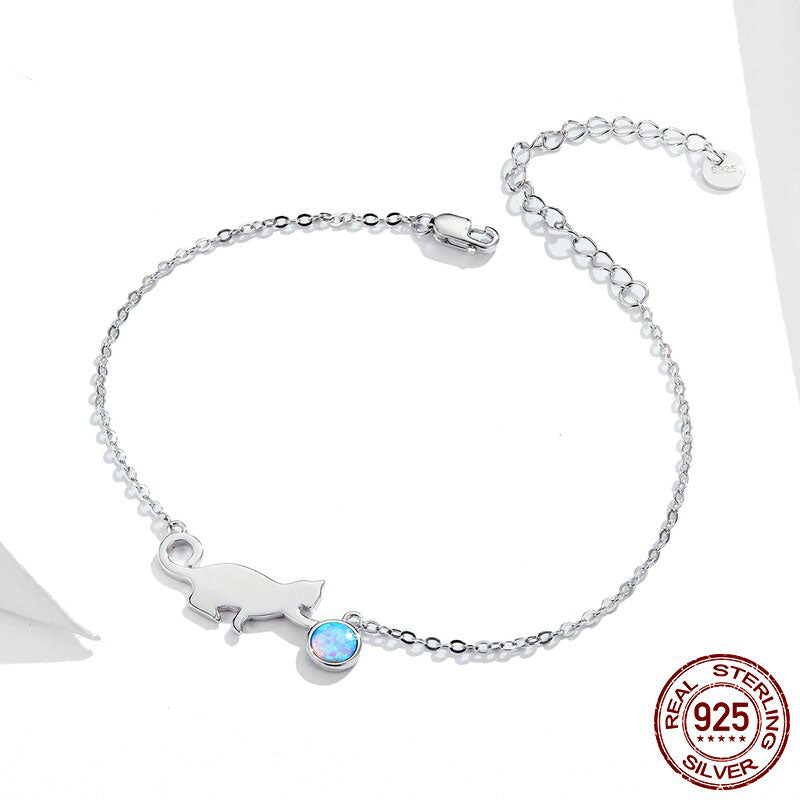 Colar e Pulseira Gato e Bola de Opala todo em Prata 925