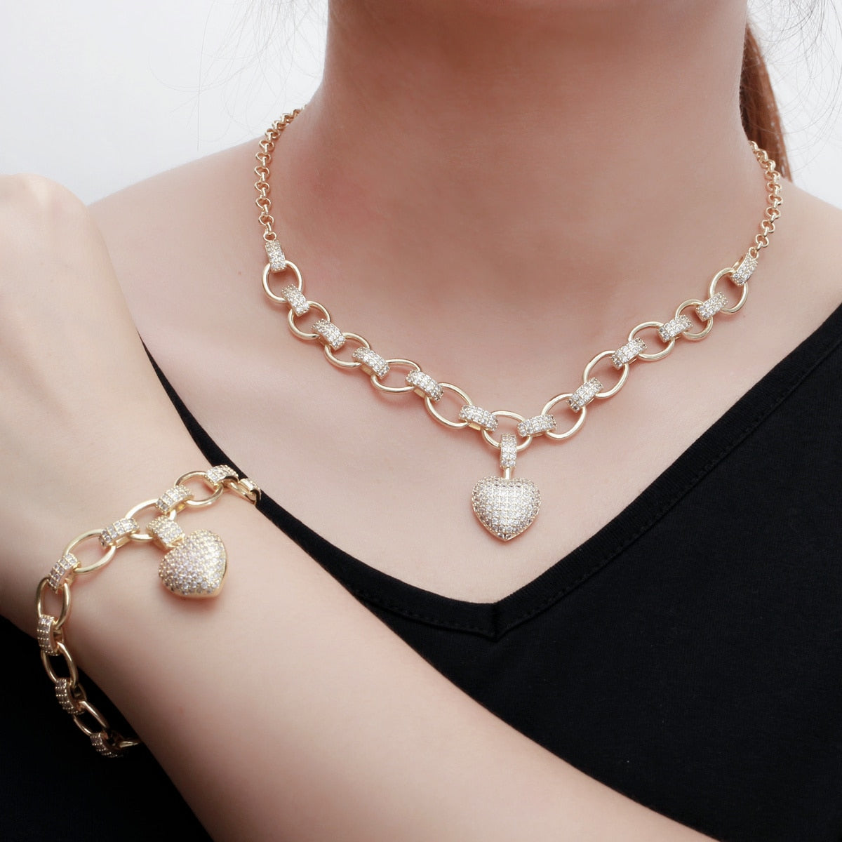 Conjunto Corrente Coração Zircônia Dourado (Colar e Pulseira)+ Brinde
