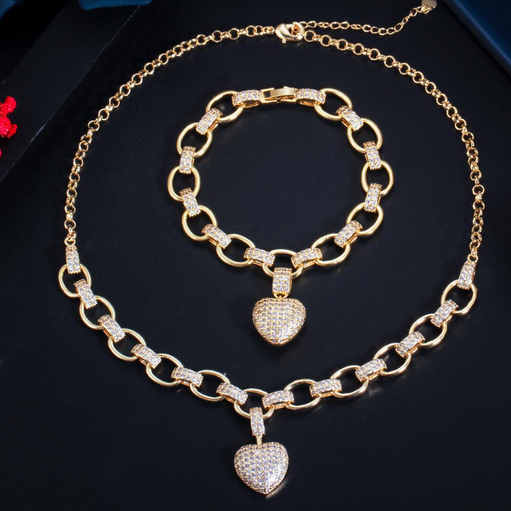 Conjunto Corrente Coração Zircônia Dourado (Colar e Pulseira)+ Brinde