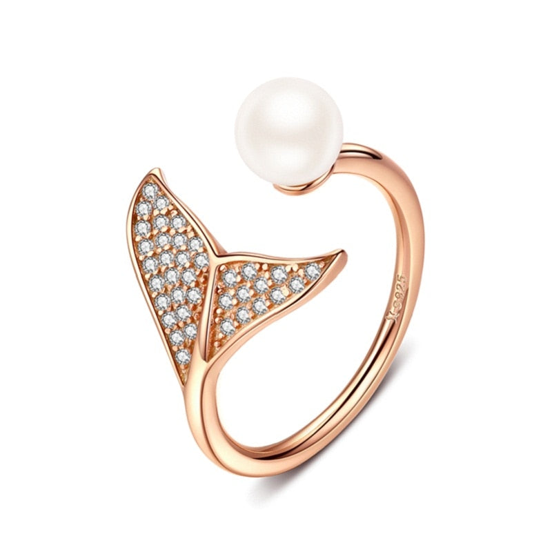 Anel Ajustável Rabo de Sereia todo em Prata 925 com Zircônias Azuis e Pérola Branca