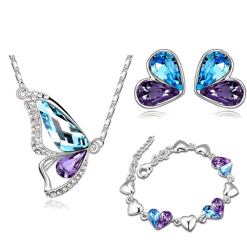 Conjunto Prata Cristal Austríaco Butterfly (3 peças)