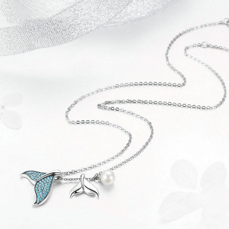 Colar Rabo de Sereia em Prata 925 com Zircônias Azuis e Pérola Branca