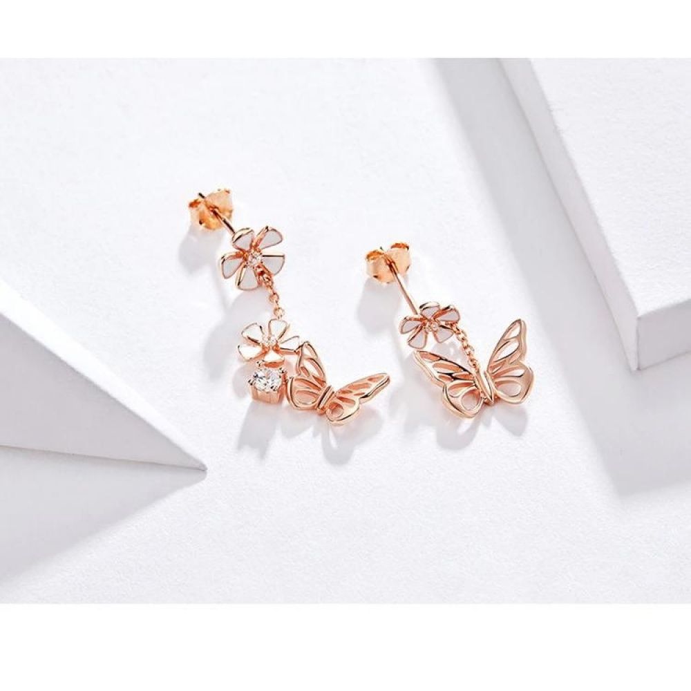 Brinco Borboleta e Flores em Prata 925 com Banho de Ouro Rose